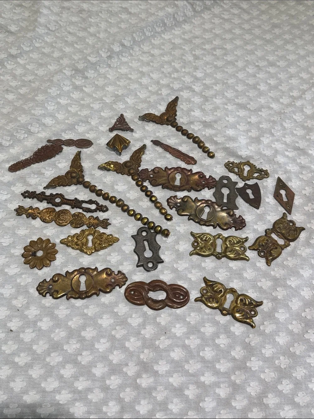 Lot of Vintage Decorative Keyhole Escutcheons and metal decor pieces